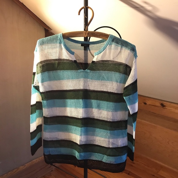 Talbots Teal Green White Striped Linen Sweater, EUC, SP - Picture 1 of 14